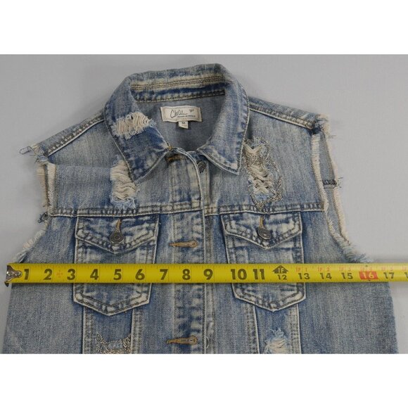 Trucker Denim Punk Vest Distressed w Chains ChiQle Denim Architect Womens Medium - Picture 7 of 9